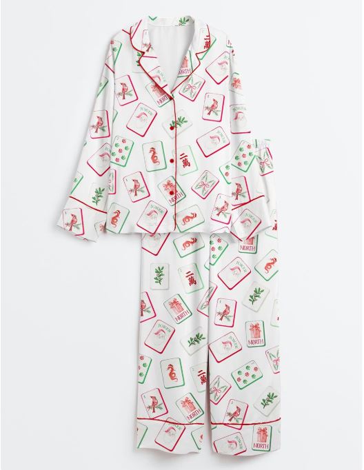 White Mahjong Christmas Santa Party Long Sleeve Satin Pajama Set