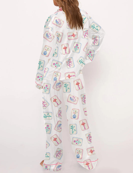Mahjong Satin Pajama Long Set White