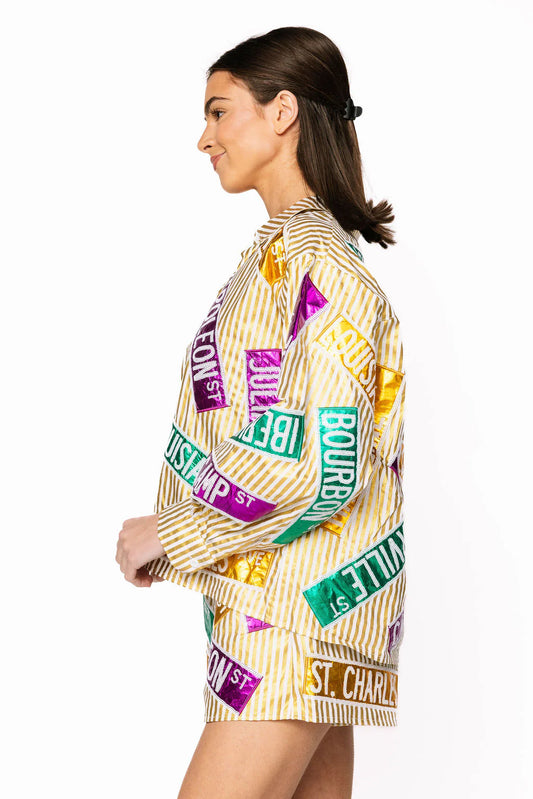 Metallic Gold Stripe Nola Street Signs Button Up Top