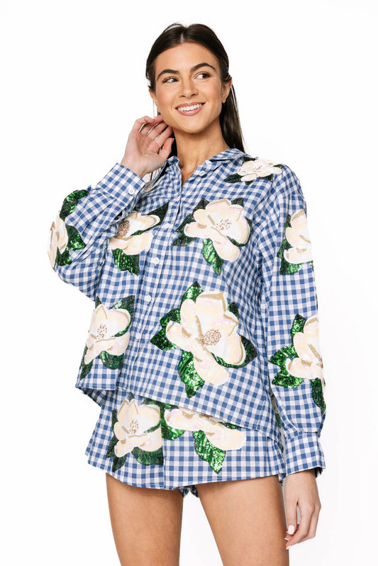 Blue & White Gingham Scattered Magnolia Button Up Top