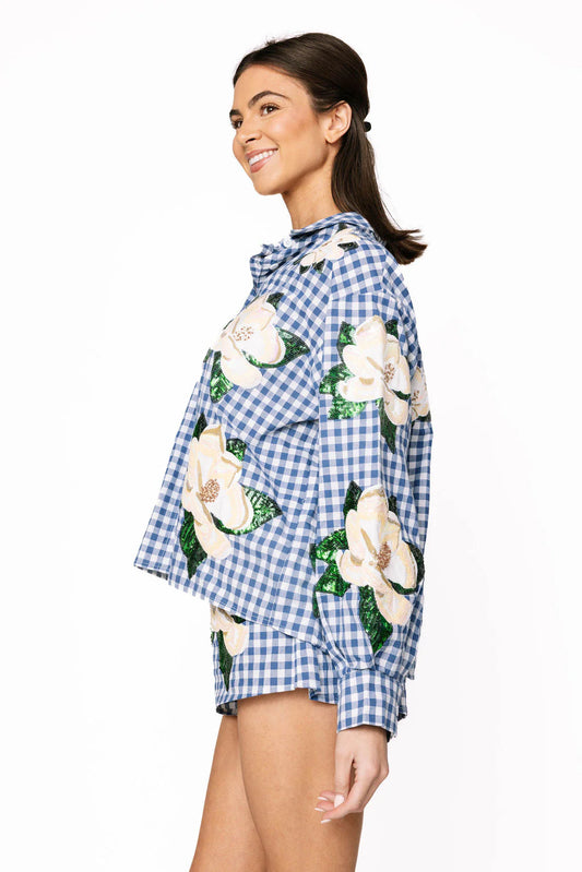 Blue & White Gingham Scattered Magnolia Button Up Top