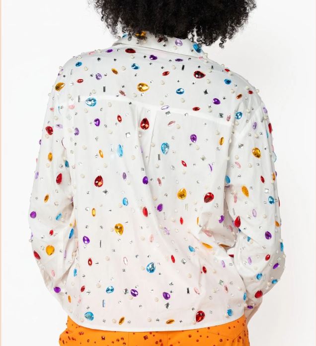 QOS White Jewel & Pearl Button Up Top