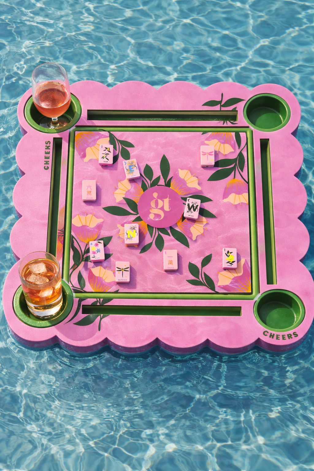 Floating Mahjong Tiles in Floral Pink for the Pool