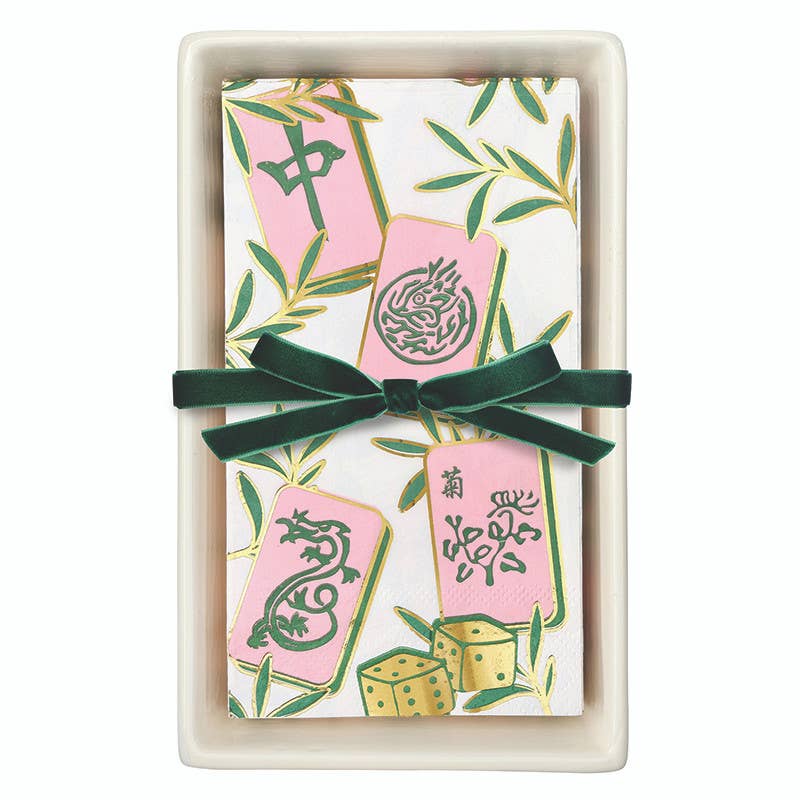 Mahjong Tiles Ceramic Guest Napkin Tray + Napkins