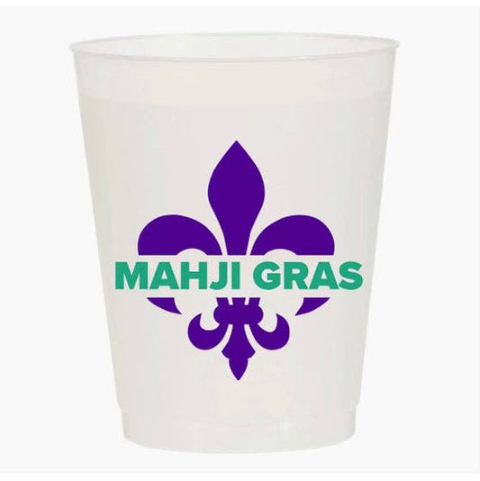 Clear plastic cup with purple and green 'MAHJI GRAS' design cut out of a fleur de lis printed on a frosted white cup 