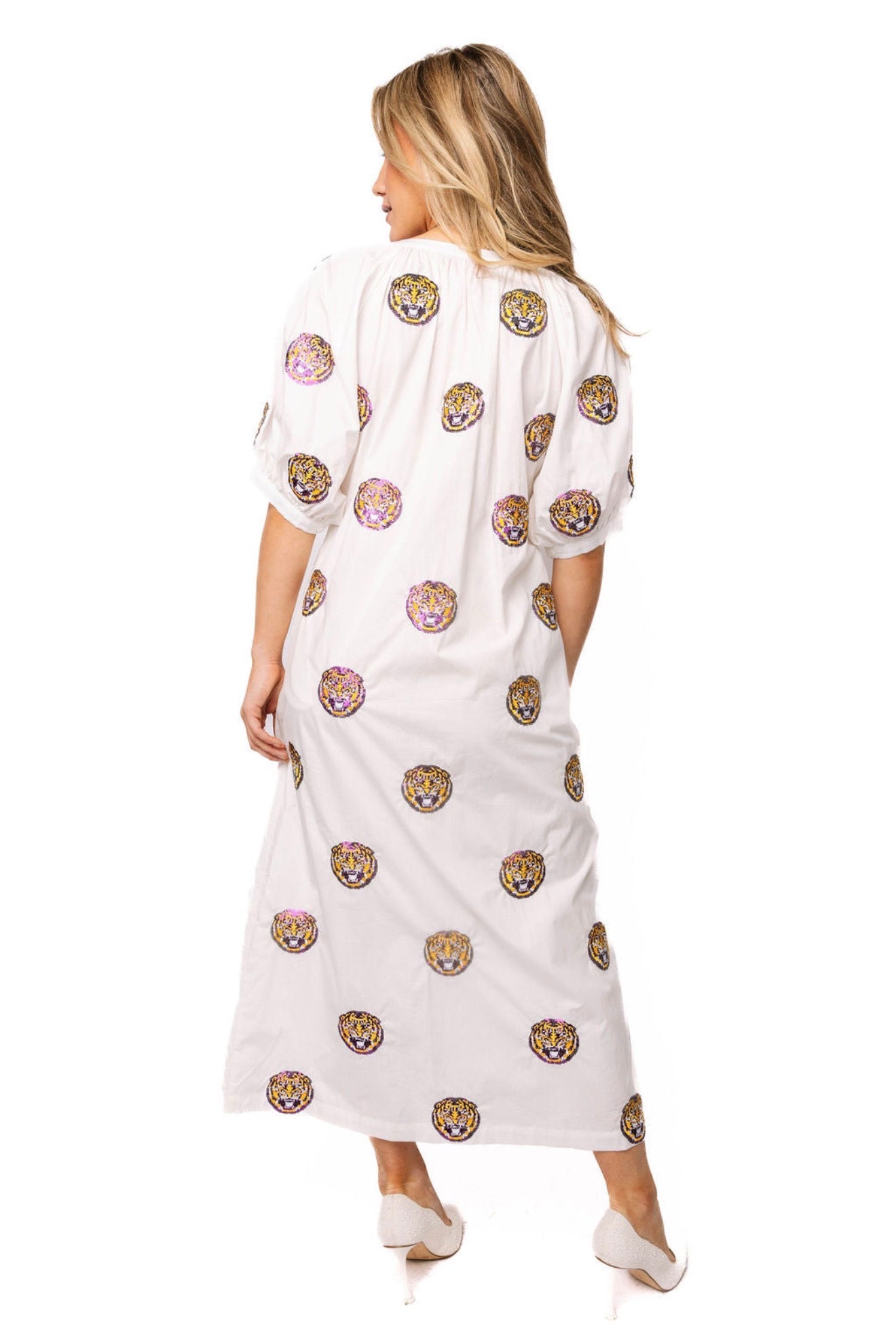 Queen of Sparkles Licensed LSU White Cotton Scattered Mascot  Button Up Dress