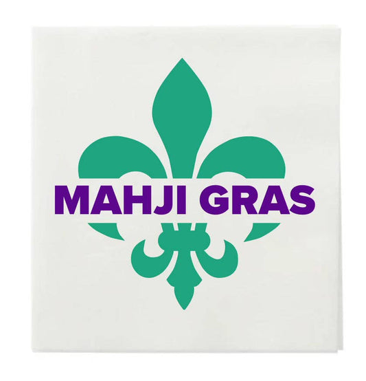 Green fleur-de-lis design with purpe 'MAHI GRAS' text on a white cocktail napkin background