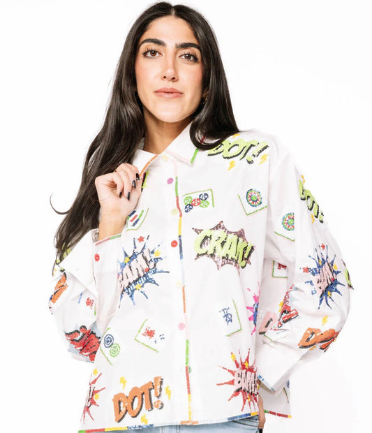 White Dot! Bam! Crak! Button Up Top