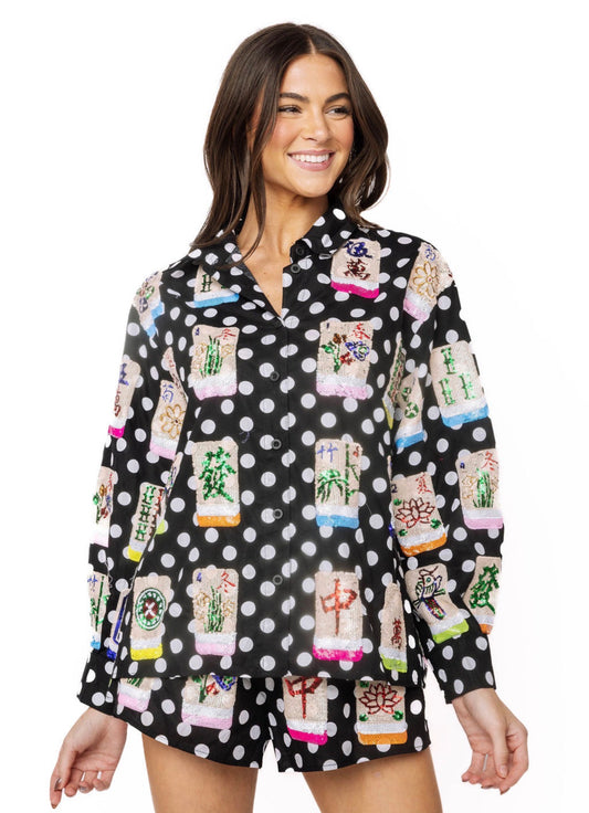 Black & White Polka Dot Scattered Mahjong Button Up Top
