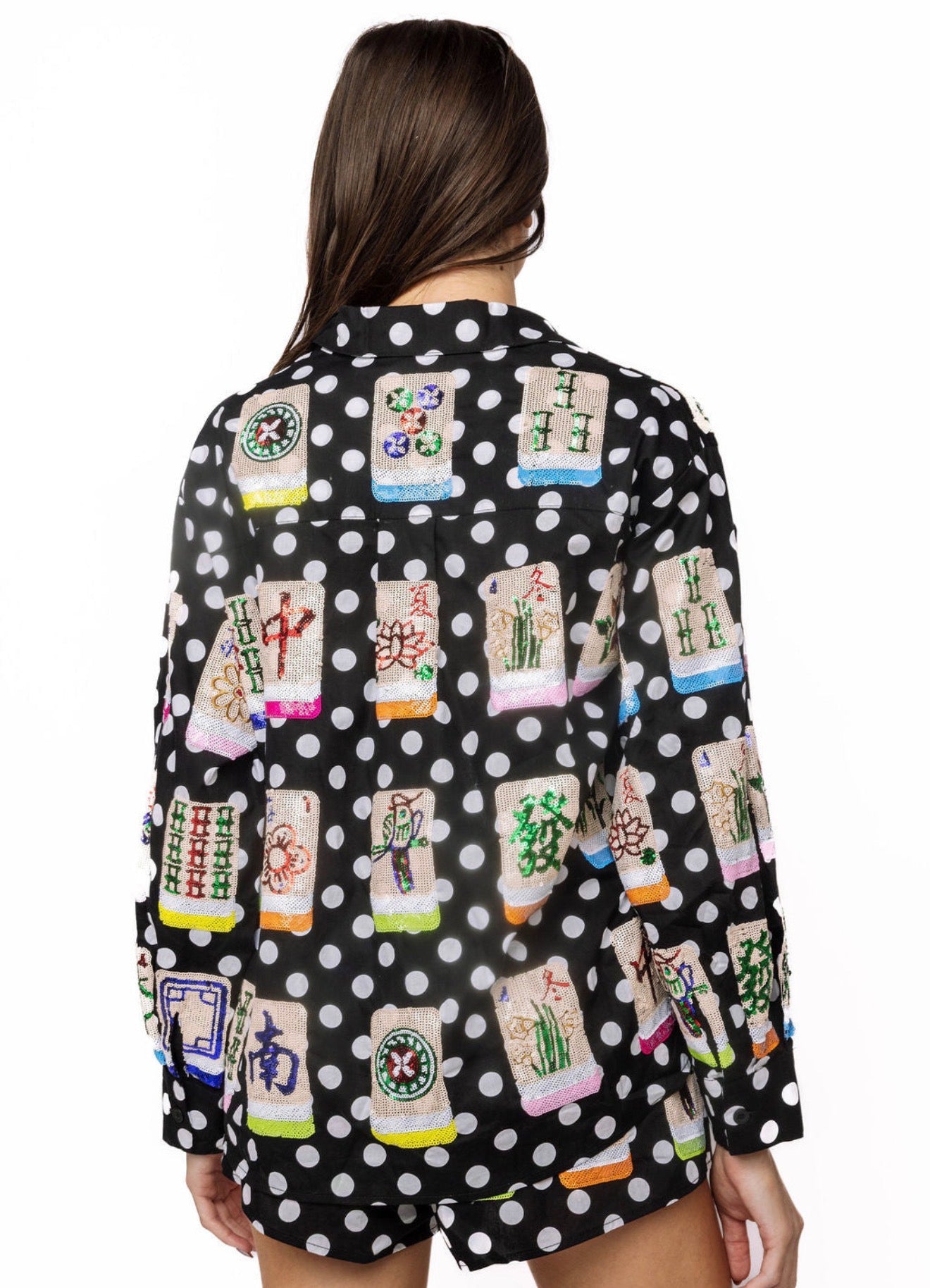 Black & White Polka Dot Scattered Mahjong Button Up Top
