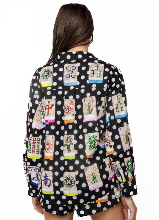 Black & White Polka Dot Scattered Mahjong Button Up Top