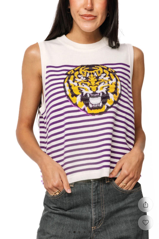 Queen of Sparkles Licensed LSU Mascot Striped Knit Tank