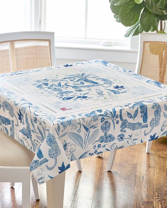 Blue instructional tablecloth
