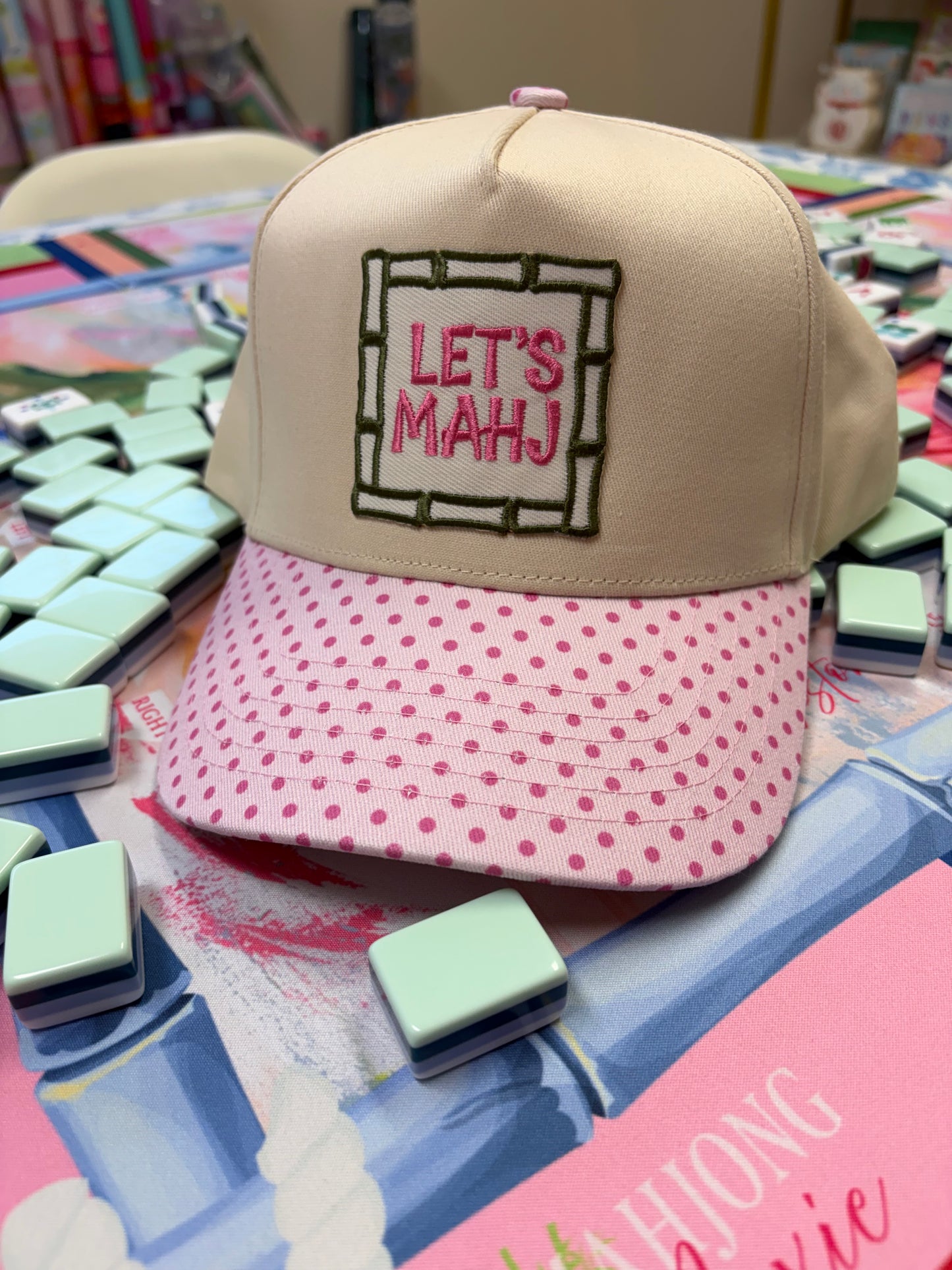 Pink Polka dot Let's Mahj Patch Hat