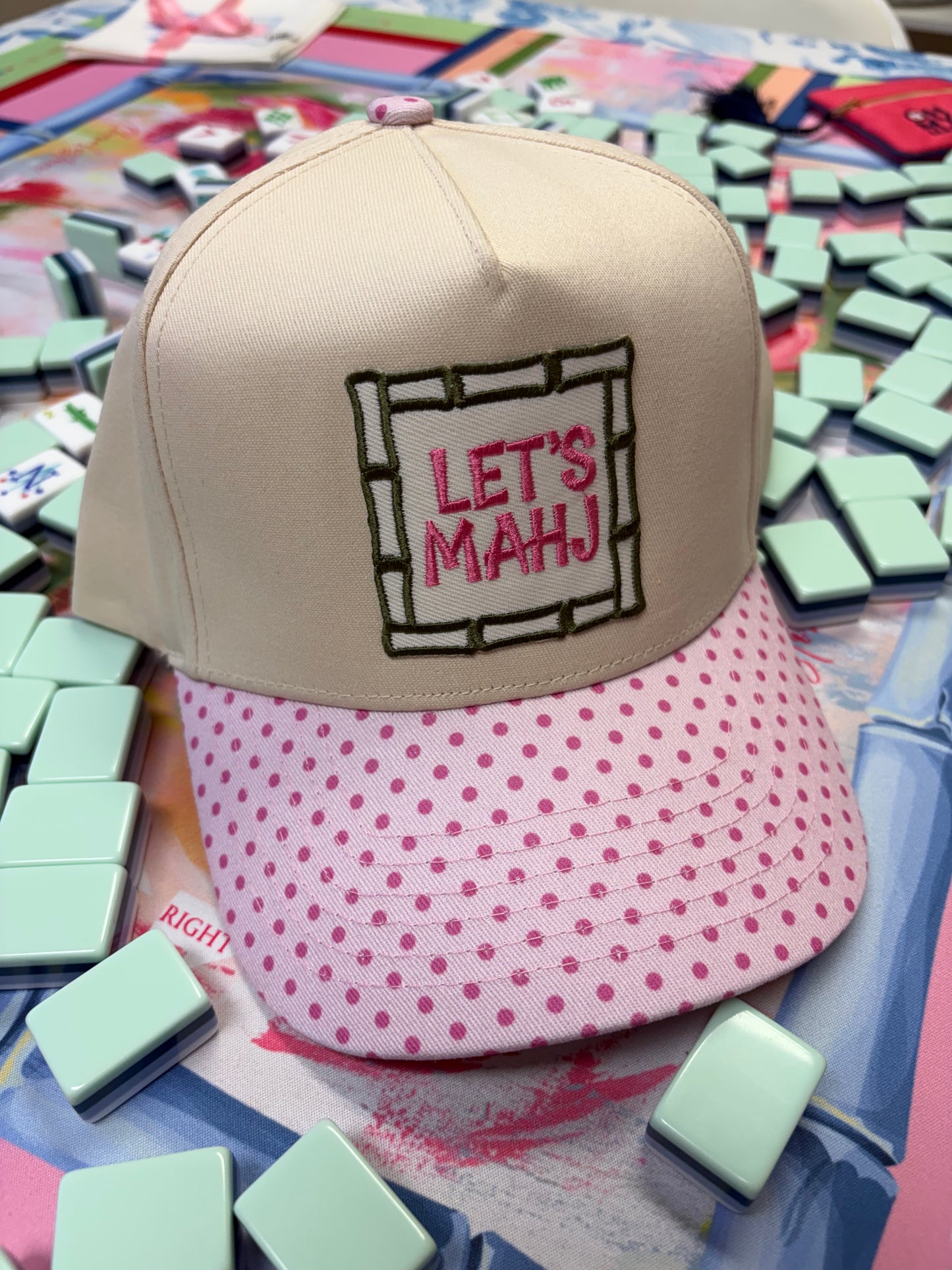 Pink Polka dot Let's Mahj Patch Hat