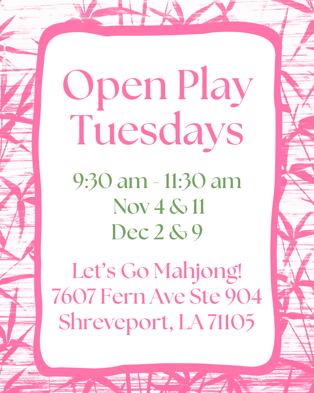 Open Play Tuesdays in Nov/Dec