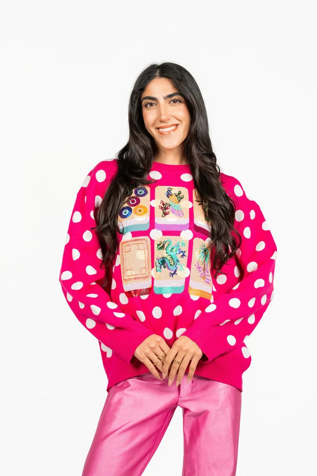 Hot Pink & White Polka Dot Mahjong Tile Sweater