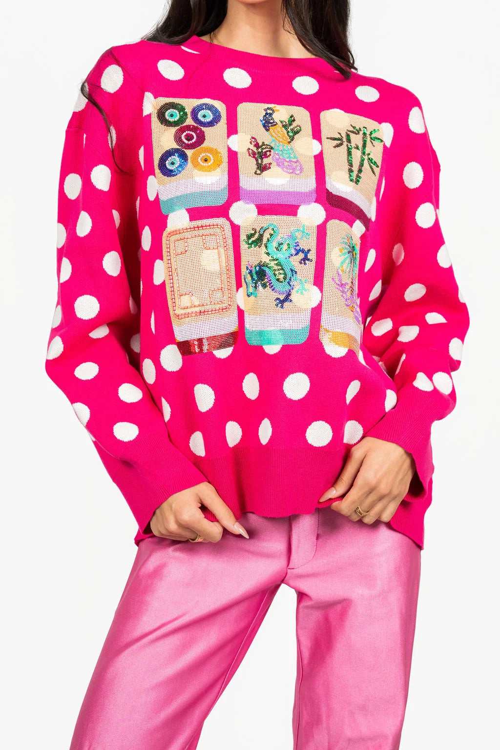 Hot Pink & White Polka Dot Mahjong Tile Sweater