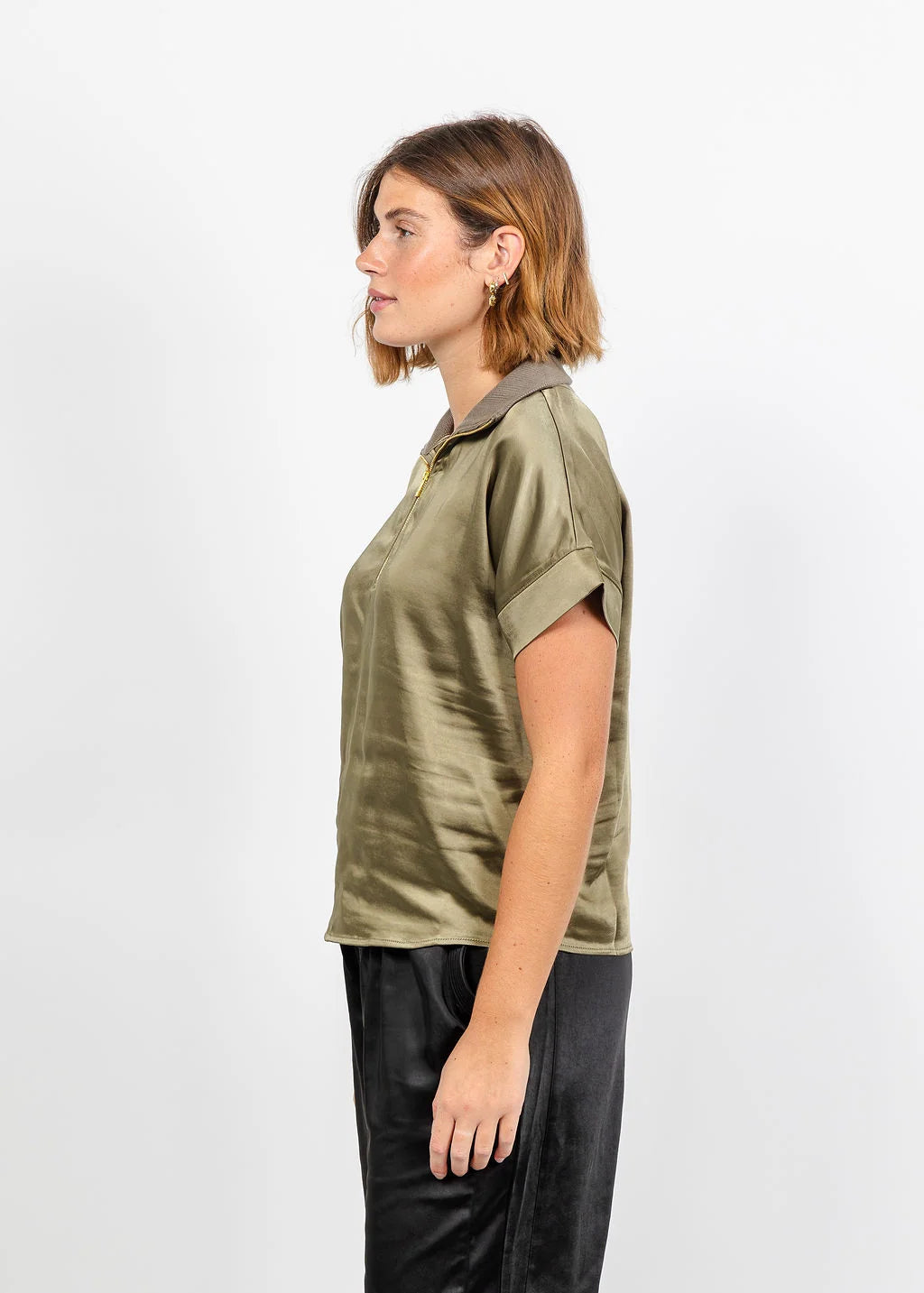 Hera Satin Half Zip Top - Medium Khaki