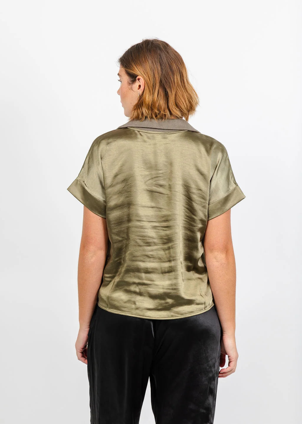 Hera Satin Half Zip Top - Medium Khaki