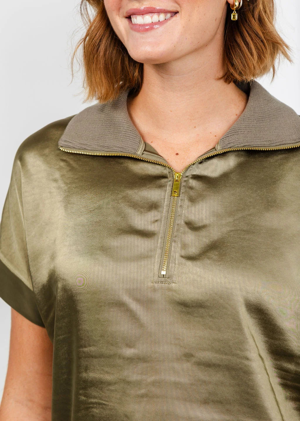 Hera Satin Half Zip Top - Medium Khaki