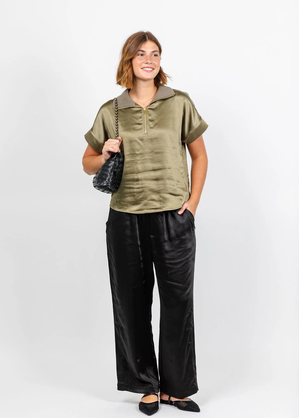 Hera Satin Half Zip Top - Medium Khaki