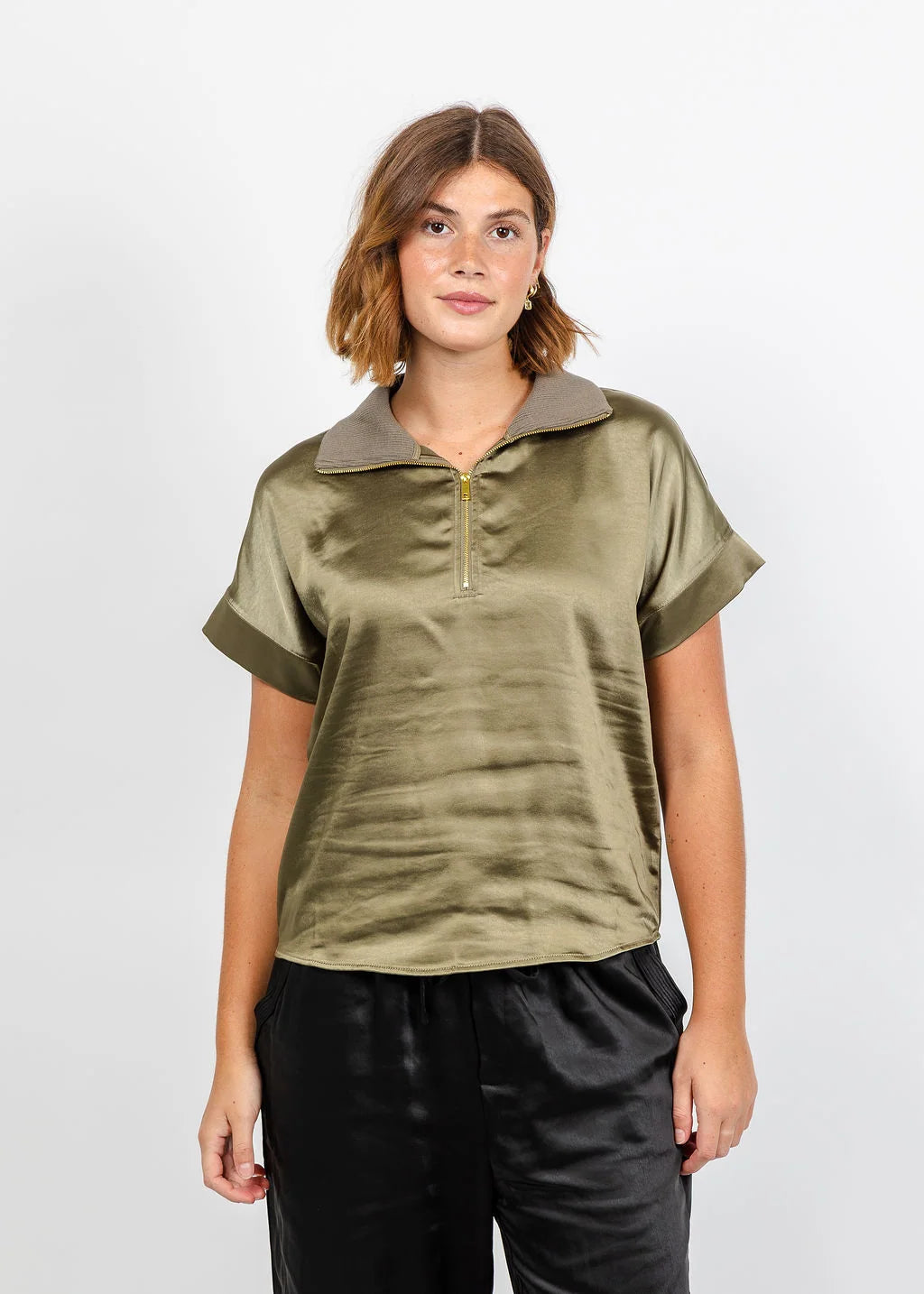 Hera Satin Half Zip Top - Medium Khaki