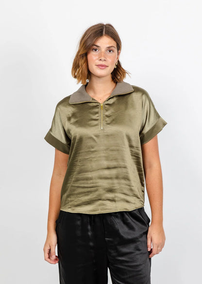 Hera Satin Half Zip Top - Medium Khaki
