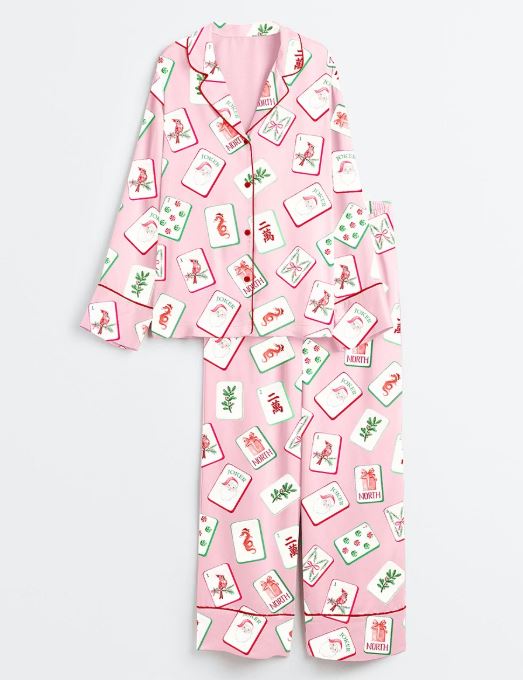 Pink Mahjong Christmas Santa Party Long Sleeve Satin Pajama Set