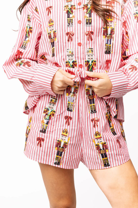 Red Stripe Scattered Nutcracker & Bow Cotton Short