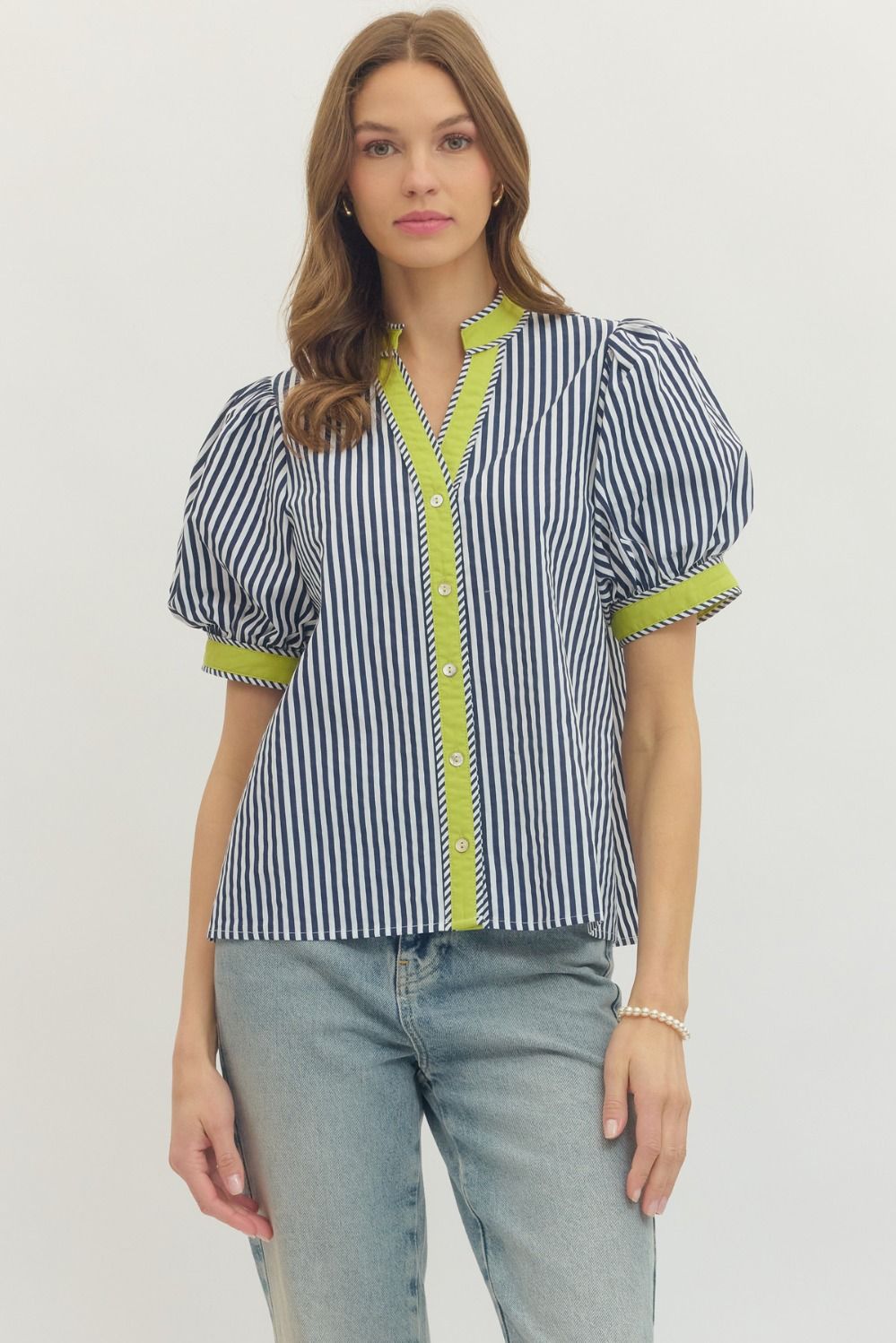 Waverly Navy Striped Top with Contrast Trim