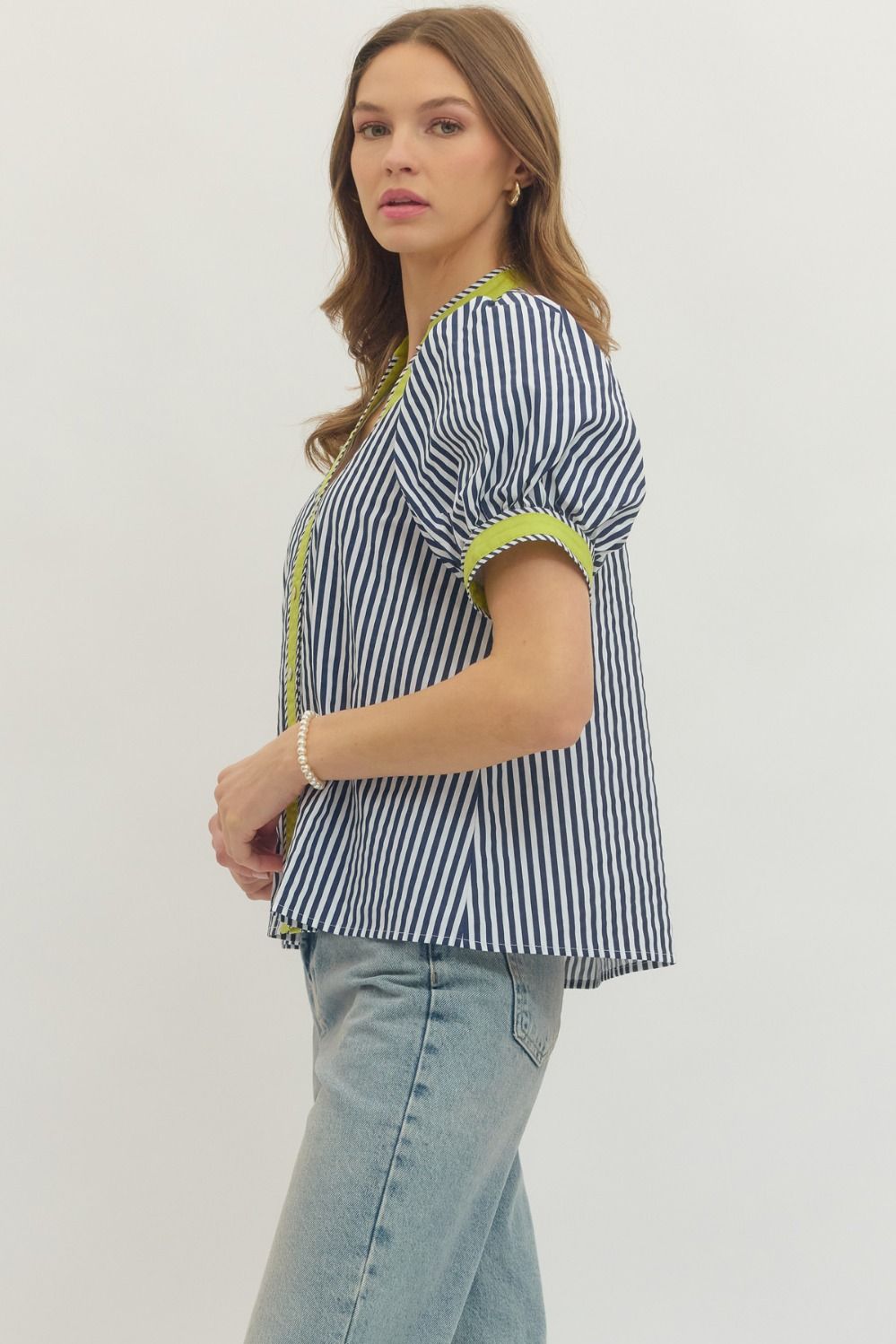 Waverly Navy Striped Top with Contrast Trim