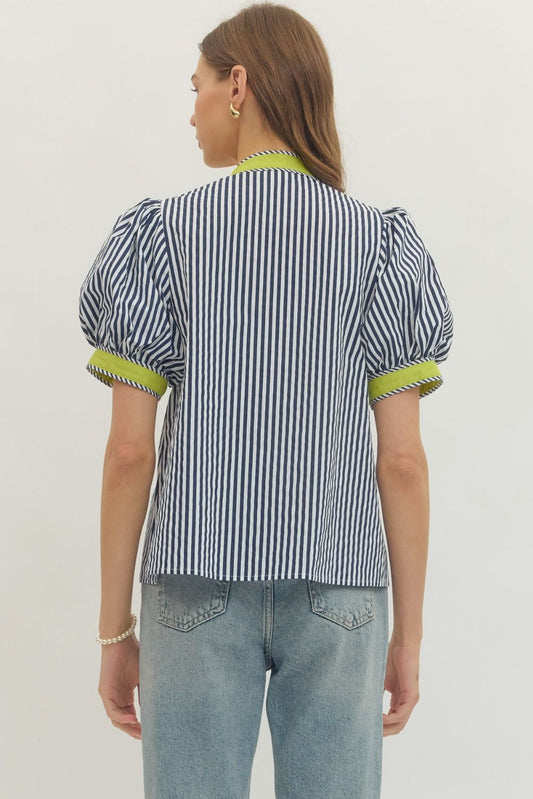 Waverly Navy Striped Top with Contrast Trim