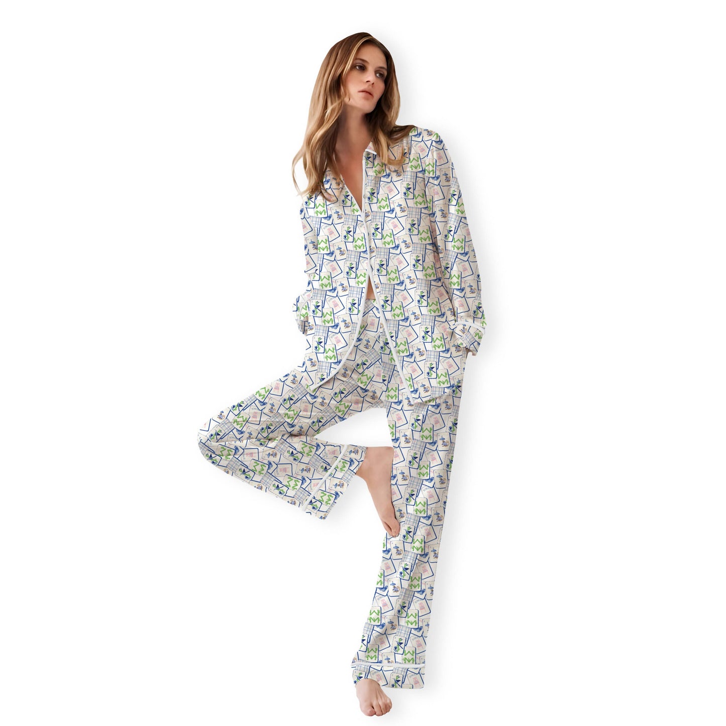 Mahjong Print Blue Long PJ Set