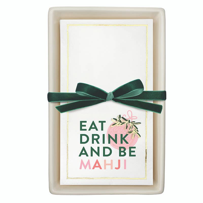 Eat Drink and Be Mahji Ceramic Guest Napkin Tray + Napkins