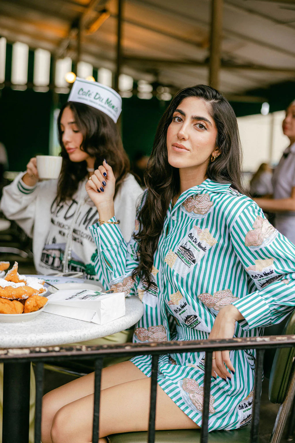 Licensed Green & White Stripe Café Du Monde Icon Button Up Top