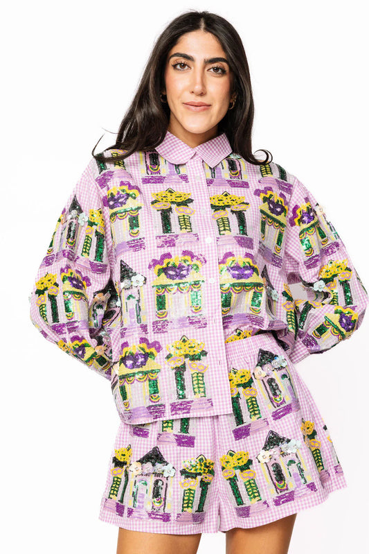 Purple & White Gingham Mardi Gras Porches Button Up Top