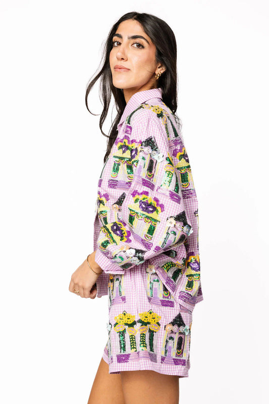 Purple & White Gingham Mardi Gras Porches Button Up Top