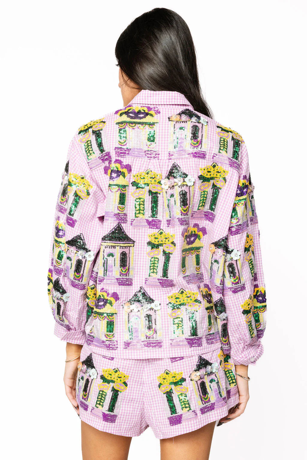 Purple & White Gingham Mardi Gras Porches Button Up Top