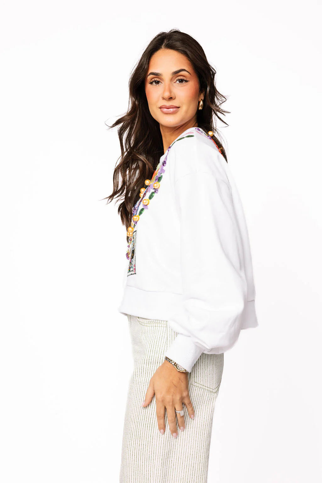 White Mardi Gras Queen Beads Sweatshirt