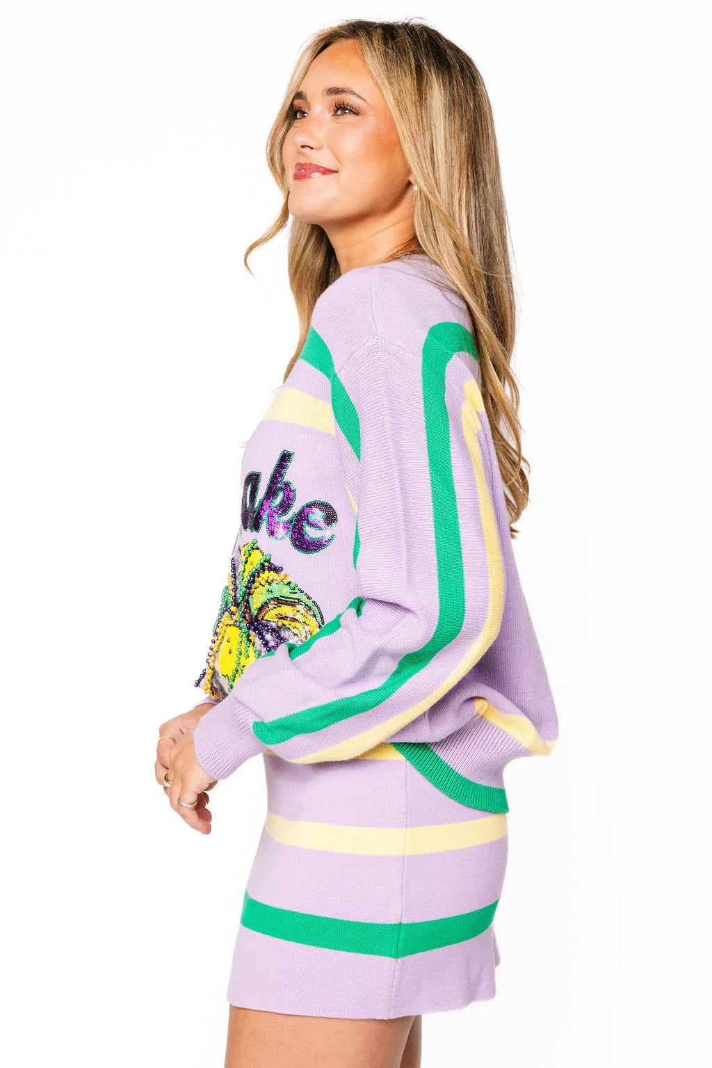 Lavender, Green & Yellow 'Queen Cake' Striped Sweater