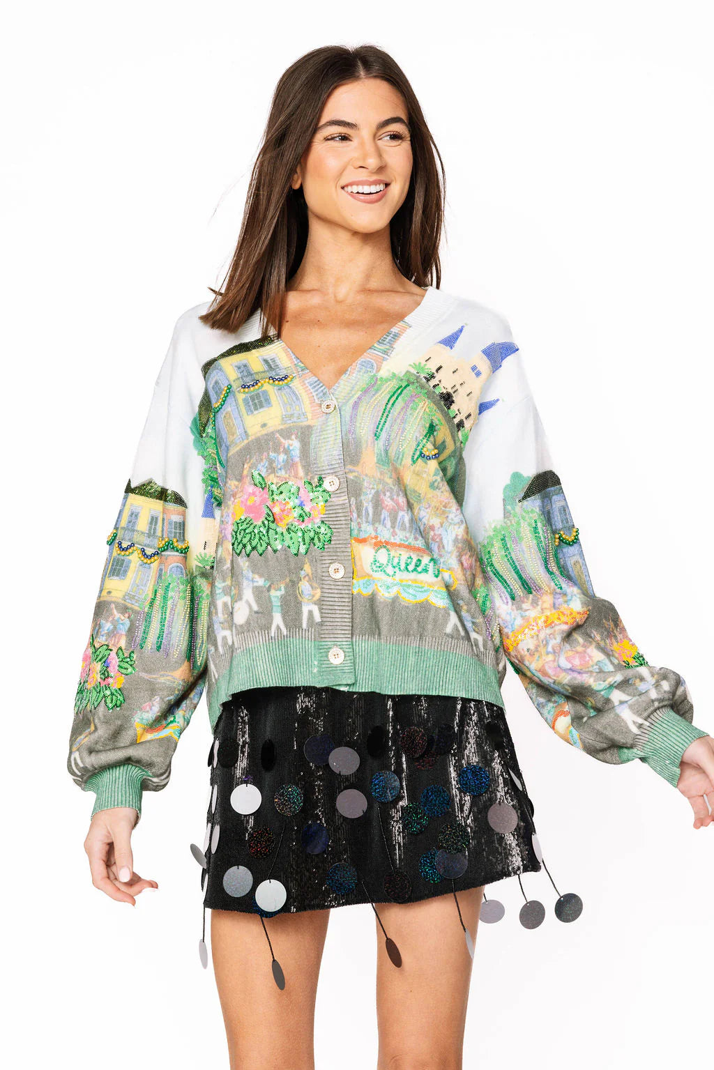 Mardi Gras Parade Scene Button Up Cardigan