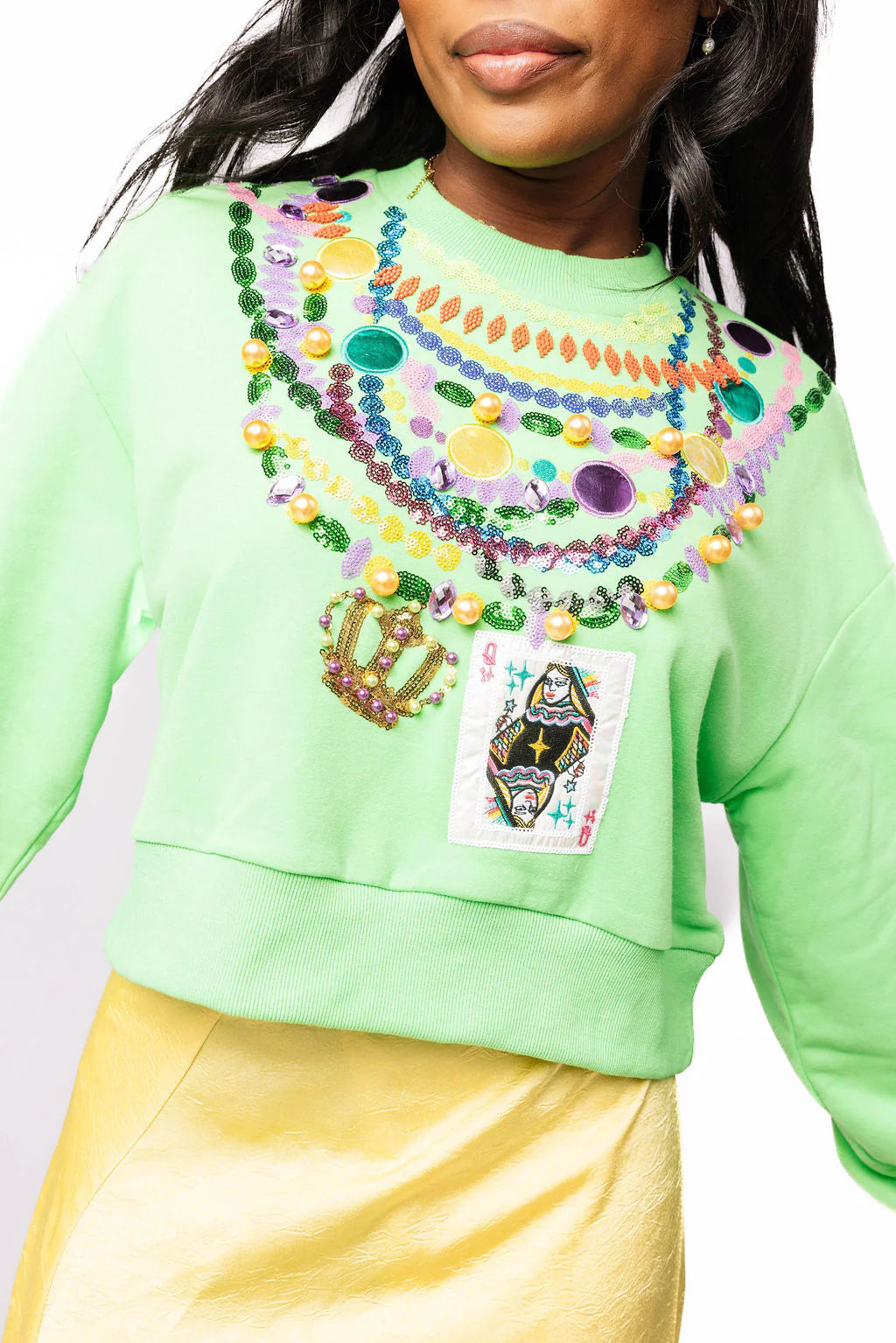 Bright Green Queen Mardi Gras Beads Sweatshirt