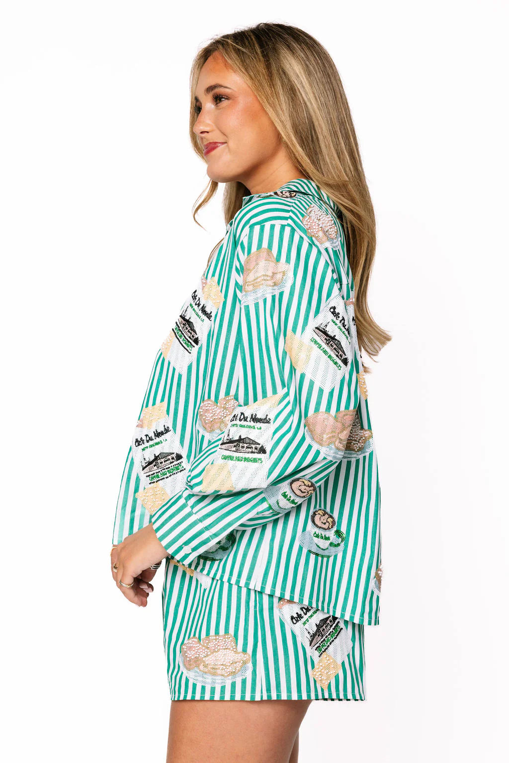 Licensed Green & White Stripe Café Du Monde Icon Button Up Top