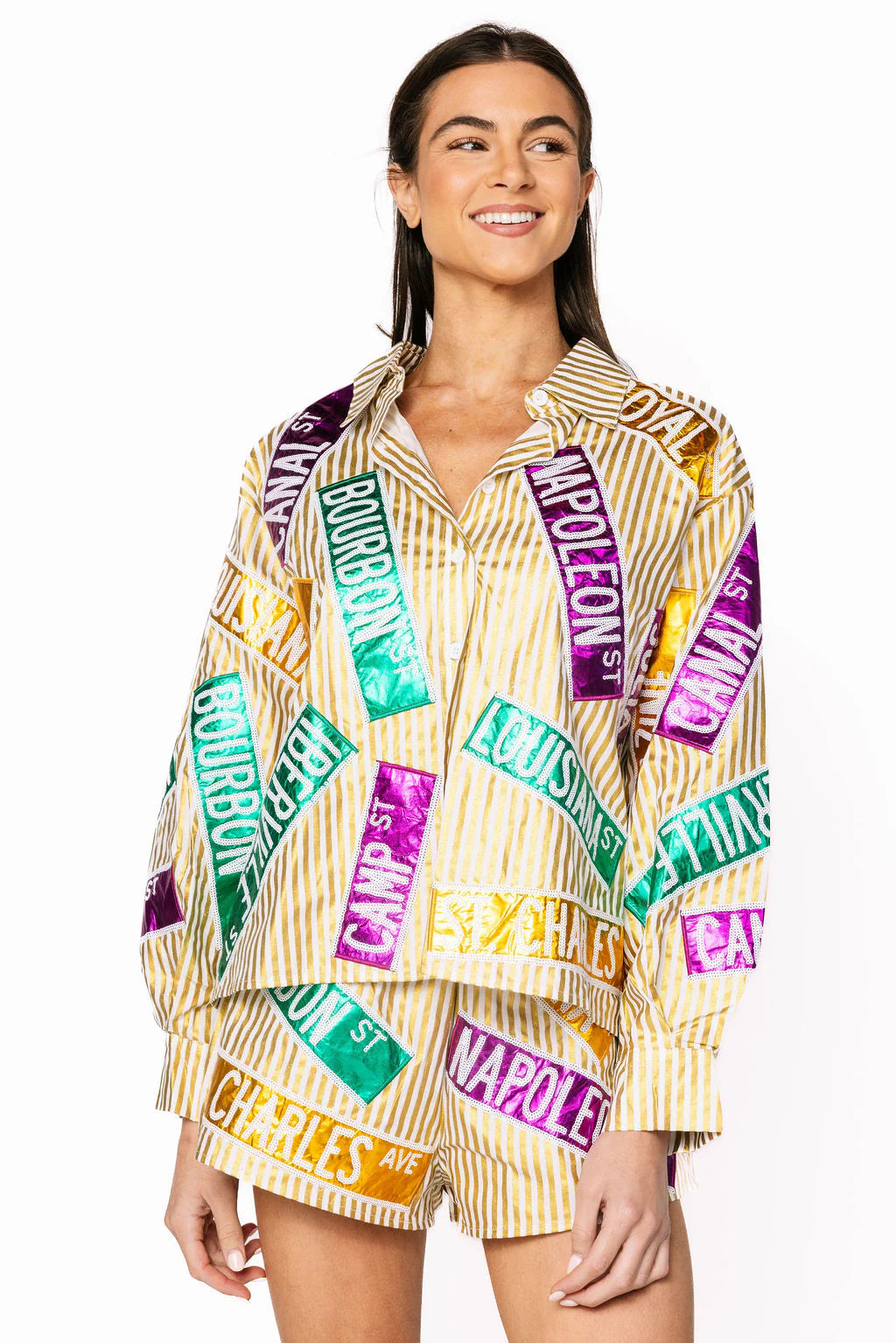 Metallic Gold Stripe Nola Street Signs Button Up Top