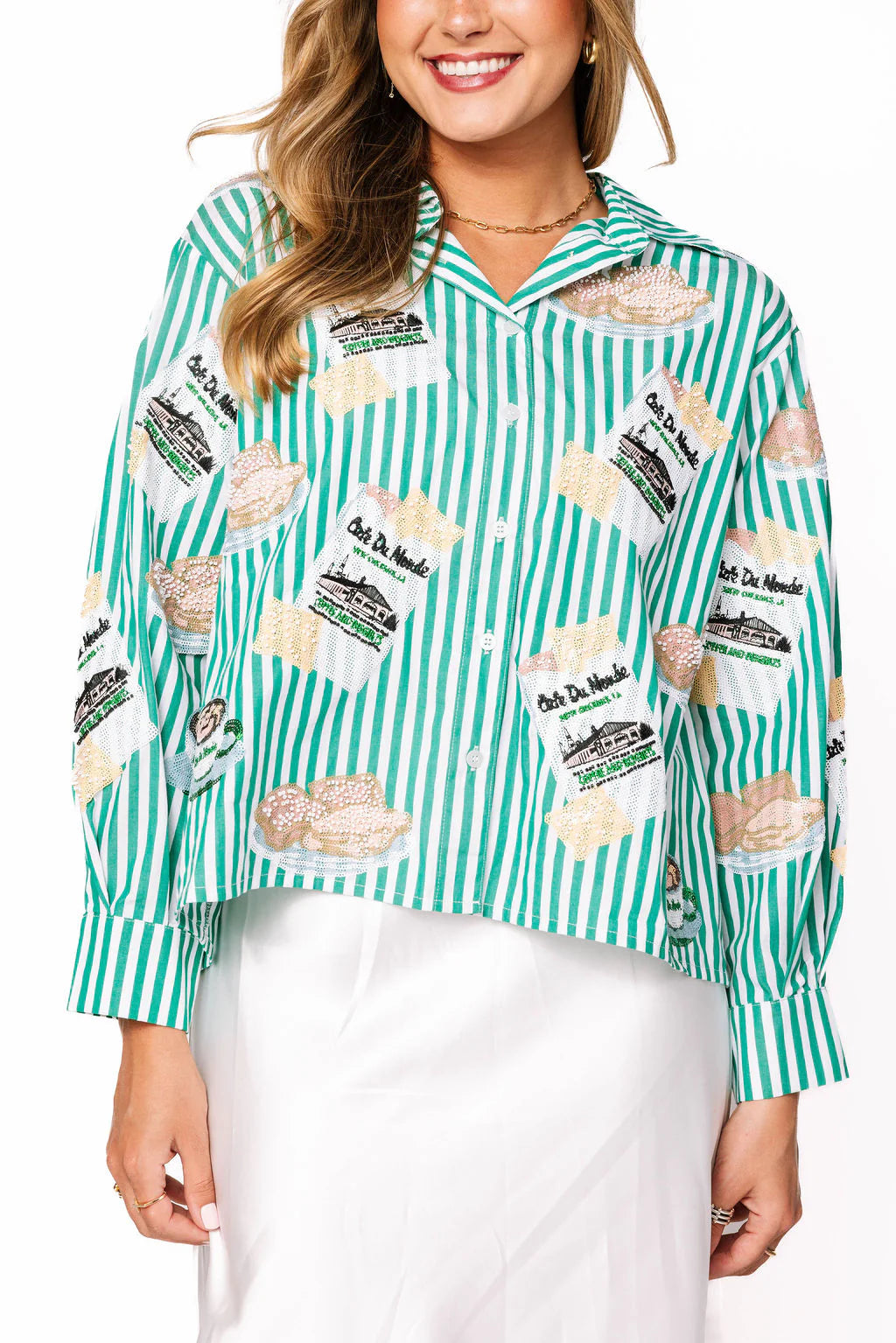 Licensed Green & White Stripe Café Du Monde Icon Button Up Top