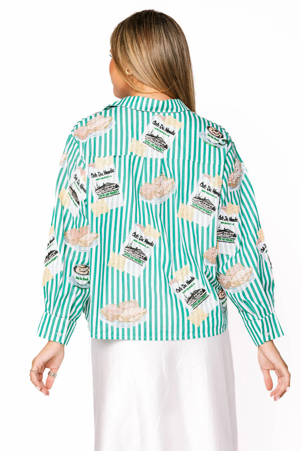 Licensed Green & White Stripe Café Du Monde Icon Button Up Top