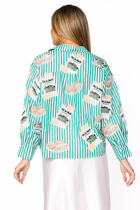 Licensed Green & White Stripe Café Du Monde Icon Button Up Top