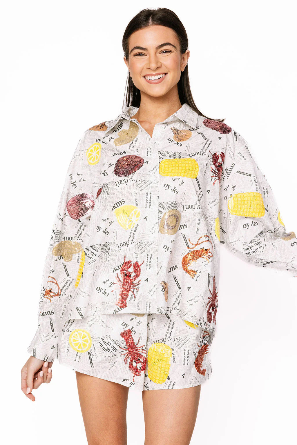 Black & White Seafood on Newspaper Button Up Top