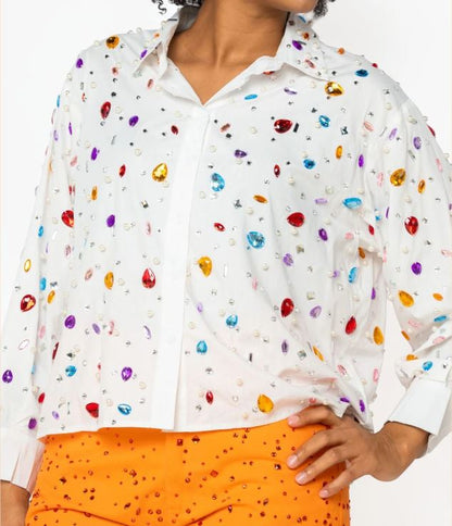 QOS White Jewel & Pearl Button Up Top